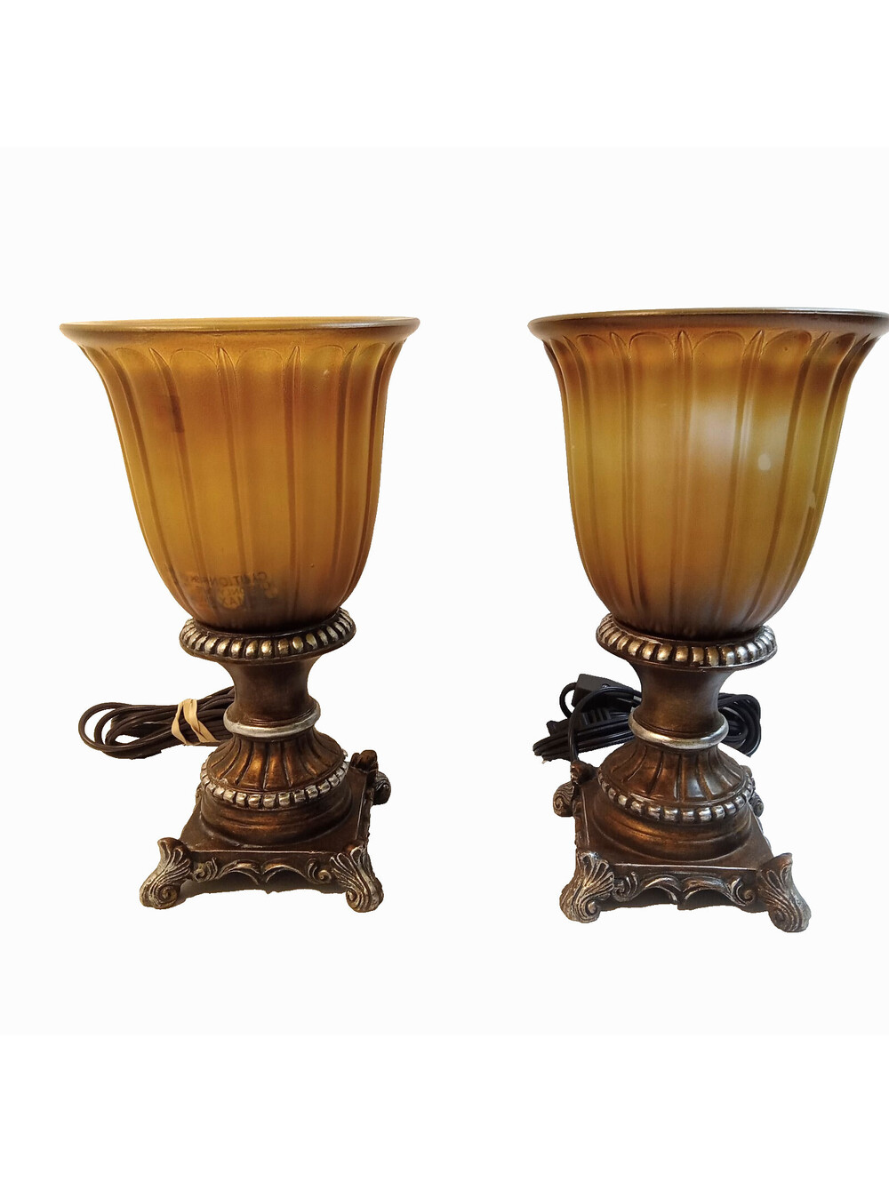 VTG Ornate Urn Style Table Pedestal Base Lamps Bronze Toned Fluted Amber Glass